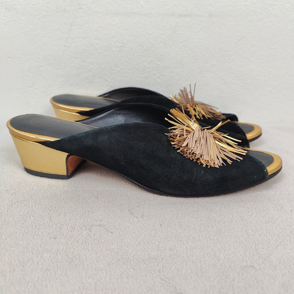 Carolina K Offbeat Mules Womens 9 Black Suede Leather‎ Gold Heel Pom Pom Boho